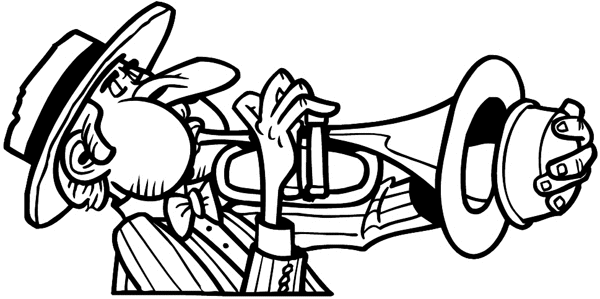 Man blowing trumpet vinyl sticker. Customize on line. Music 061-0312